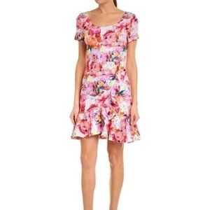 NWT ALEXIA ADMOR‎ Pink Floral Fitted Cap Sleeve Watercolor Ruffle Dress Sz 2
